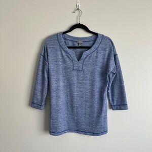 T by Talbots Tunic Top Woman’s small Split V neck Heather Blue 3/4 Sleeve Knit S